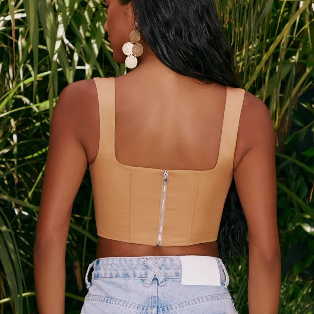 Plunge Neck Satin Corset Top in Tan. NWT - Picture 2 of 6